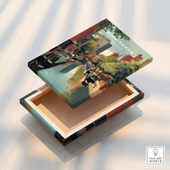 Birmingham city canal skyline wall art print on open decorative box with travel illustration