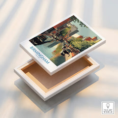 Birmingham city canal wall art stretched canvas print with floating frame detail