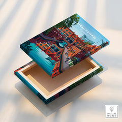 Birmingham cityscape travel poster on floating stretched canvas print with vibrant canal scene.
