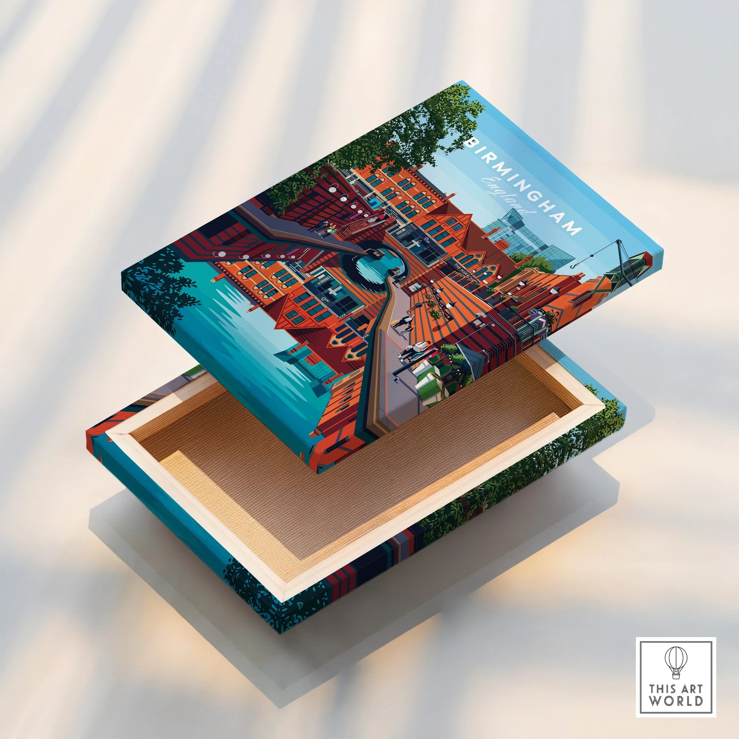 Birmingham cityscape travel poster on floating stretched canvas print with vibrant canal scene.