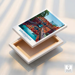 Birmingham cityscape canvas wall art print with canal and brick buildings in vibrant colors