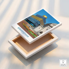 Birmingham city skyline wall art on a floating stretched canvas print with modern buildings.