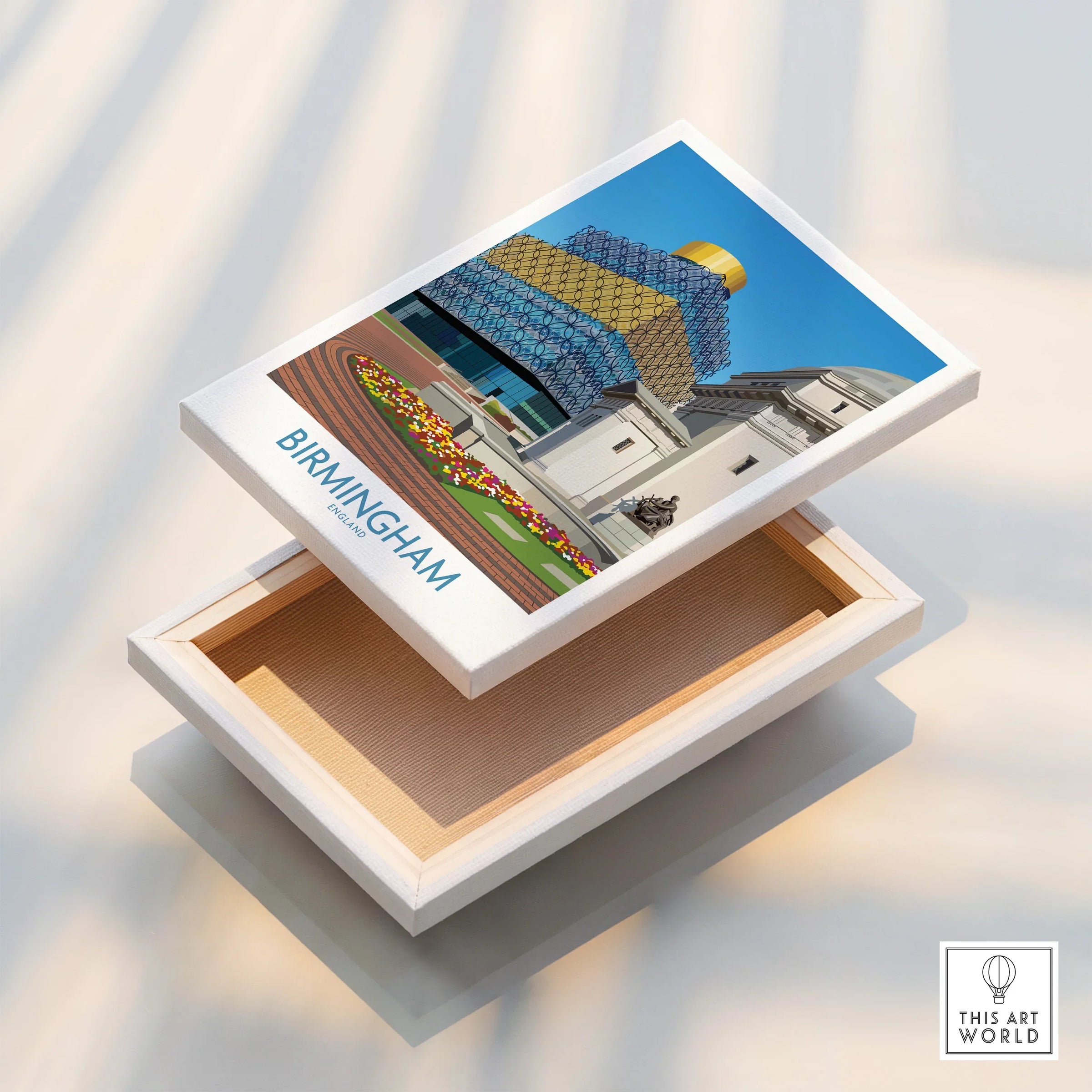 Birmingham city skyline wall art on a floating stretched canvas print with modern buildings.