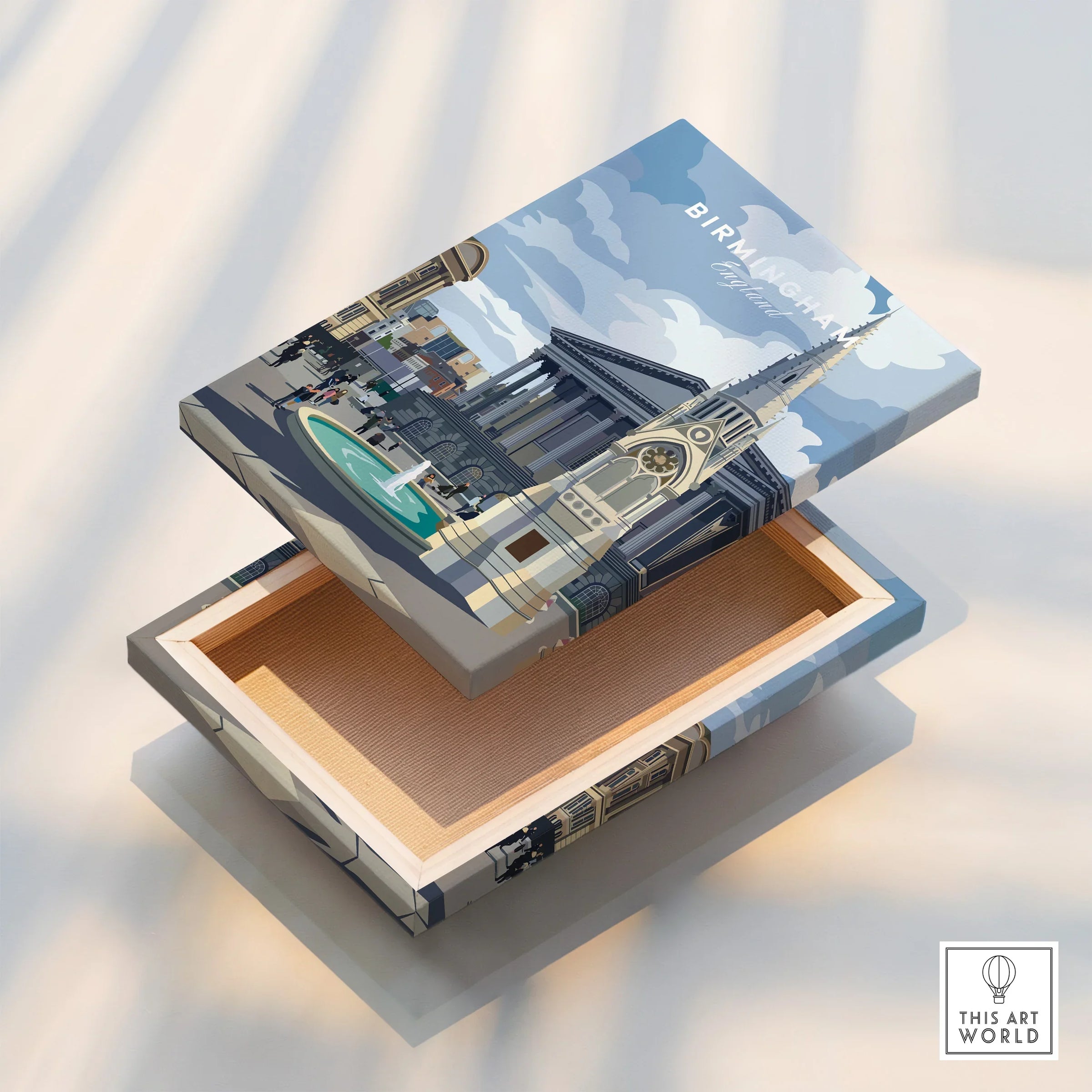 Birmingham landmark illustration on a decorative keepsake box with cityscape and fountain.