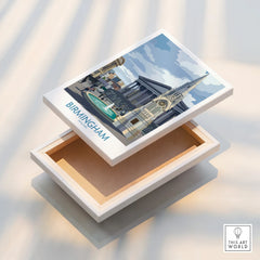 Birmingham city skyline stretched canvas print with floating frame on a light background.