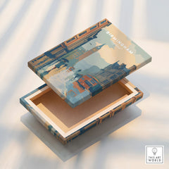 Birmingham skyline art print on decorative wooden box lid, travel-inspired home decor.