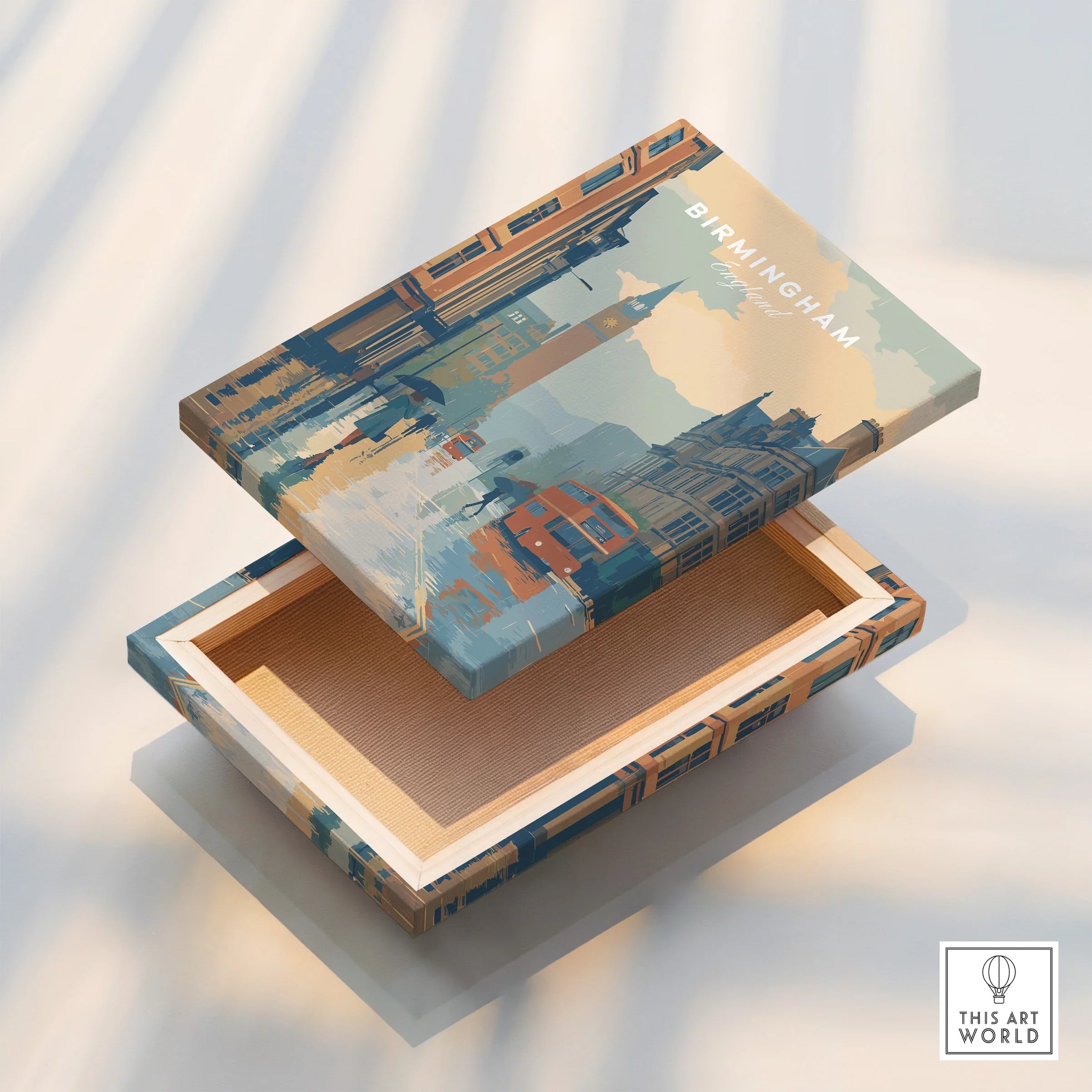 Birmingham skyline art print on decorative wooden box lid, travel-inspired home decor.