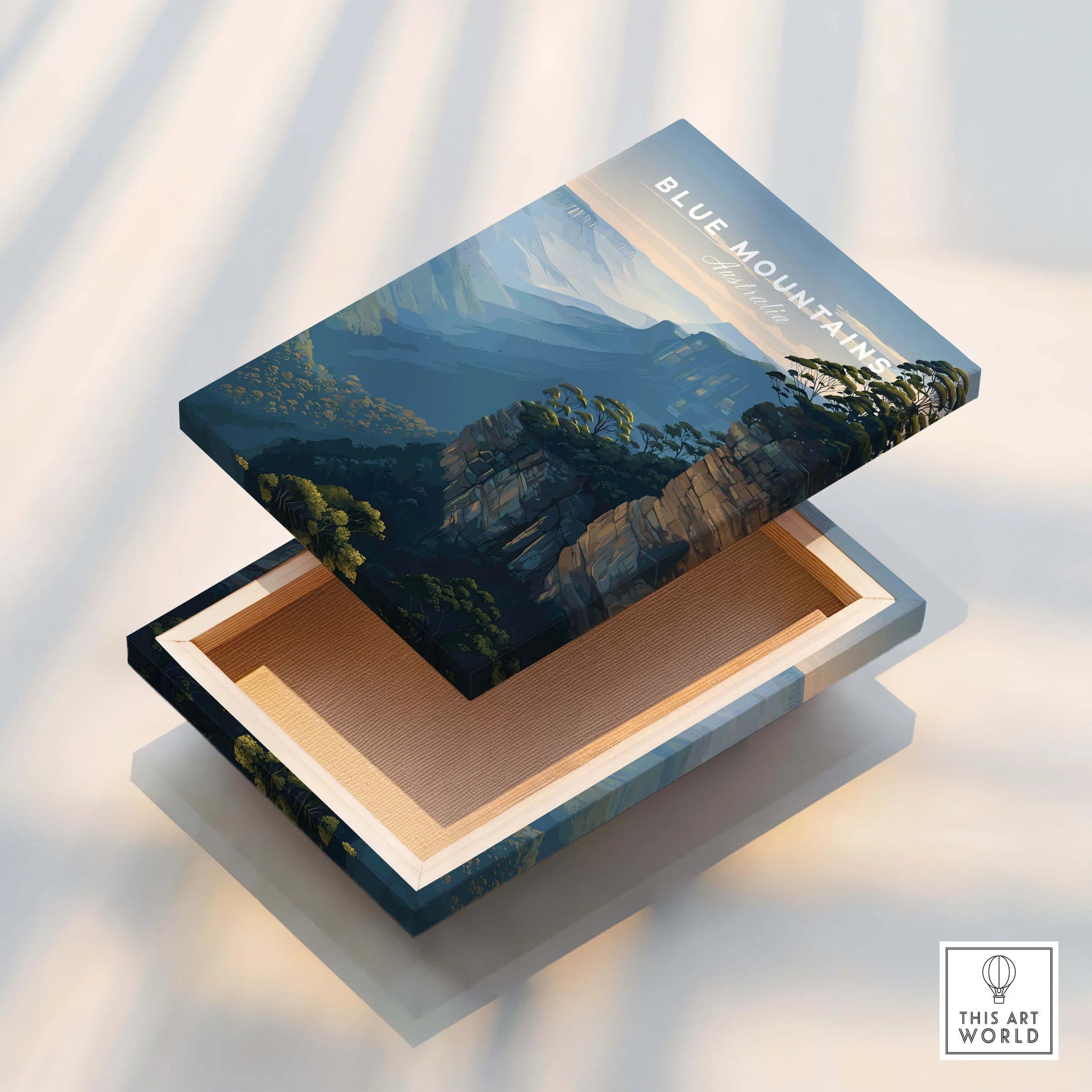 Blue Mountains Australia stretched canvas print with vibrant landscape illustration and floating frame detail.