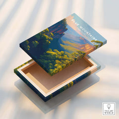 Blue Mountains art print on floating canvas box, vibrant landscape wall decor