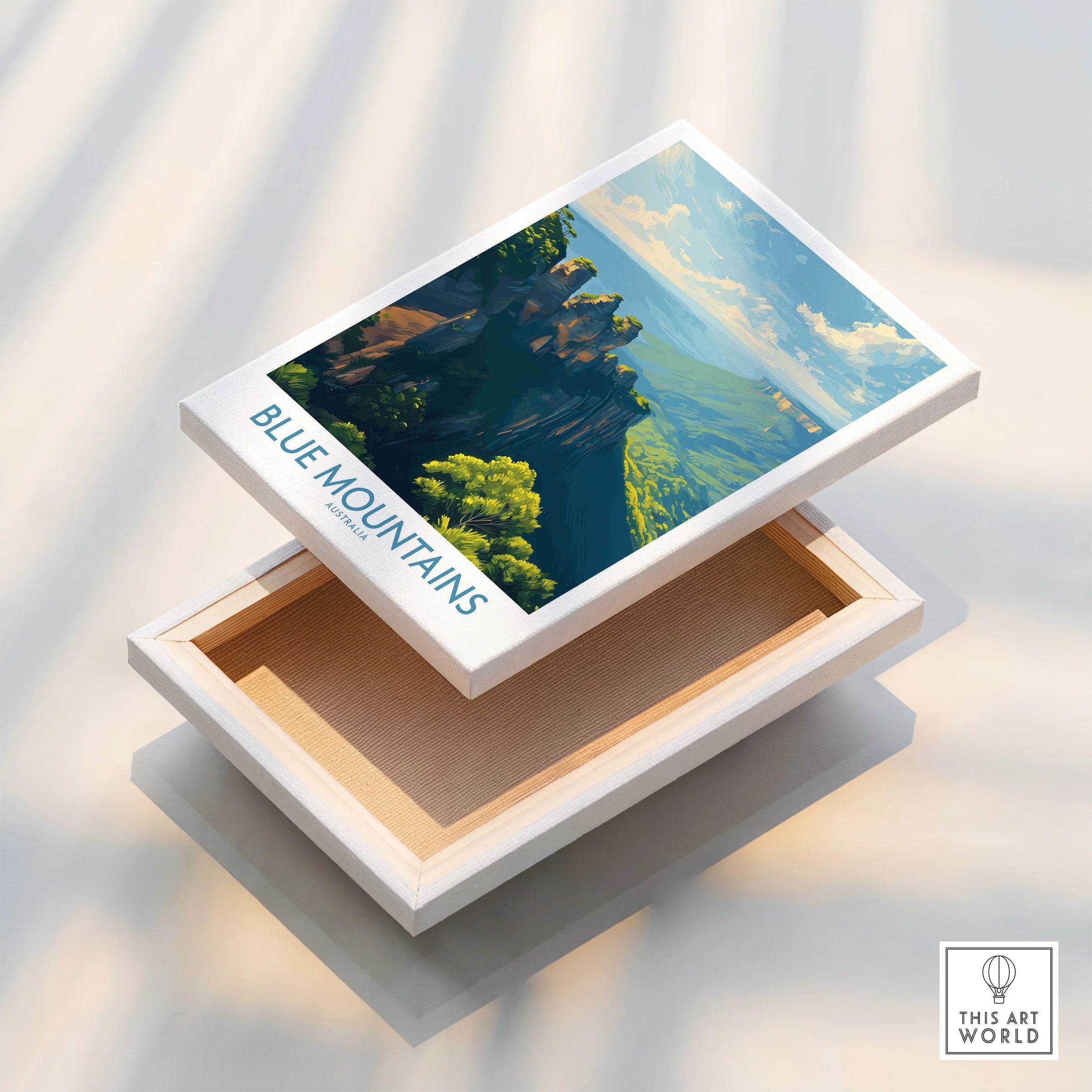 Blue Mountains Australia art print on floating stretched canvas, landscape wall decor