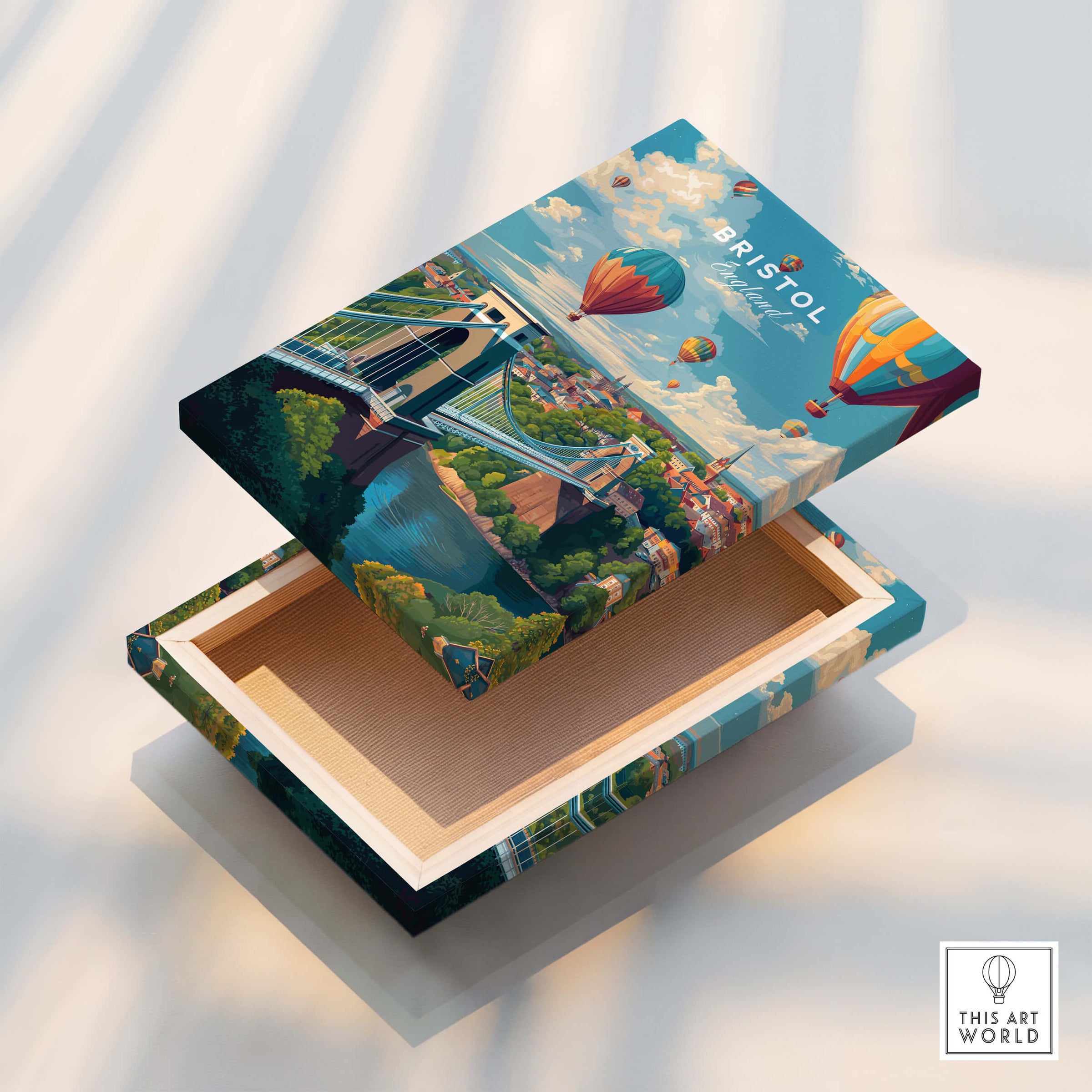 Bristol Travel Poster – Cityscape and Clifton Suspension Bridge Print displayed on a decorative box with vibrant design.