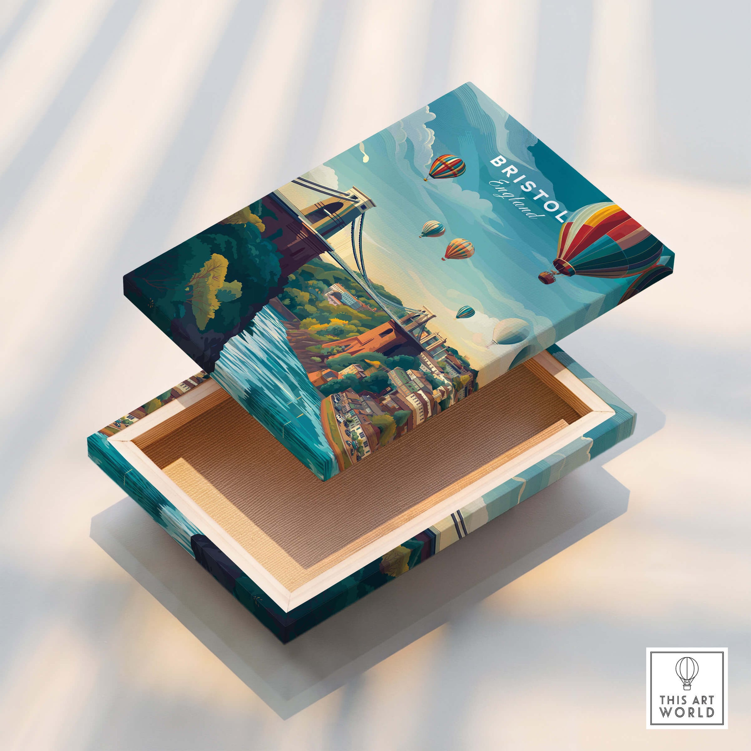 Bristol Art Print - Clifton Bridge Poster on a decorative wooden box featuring hot air balloons and the Clifton Bridge.