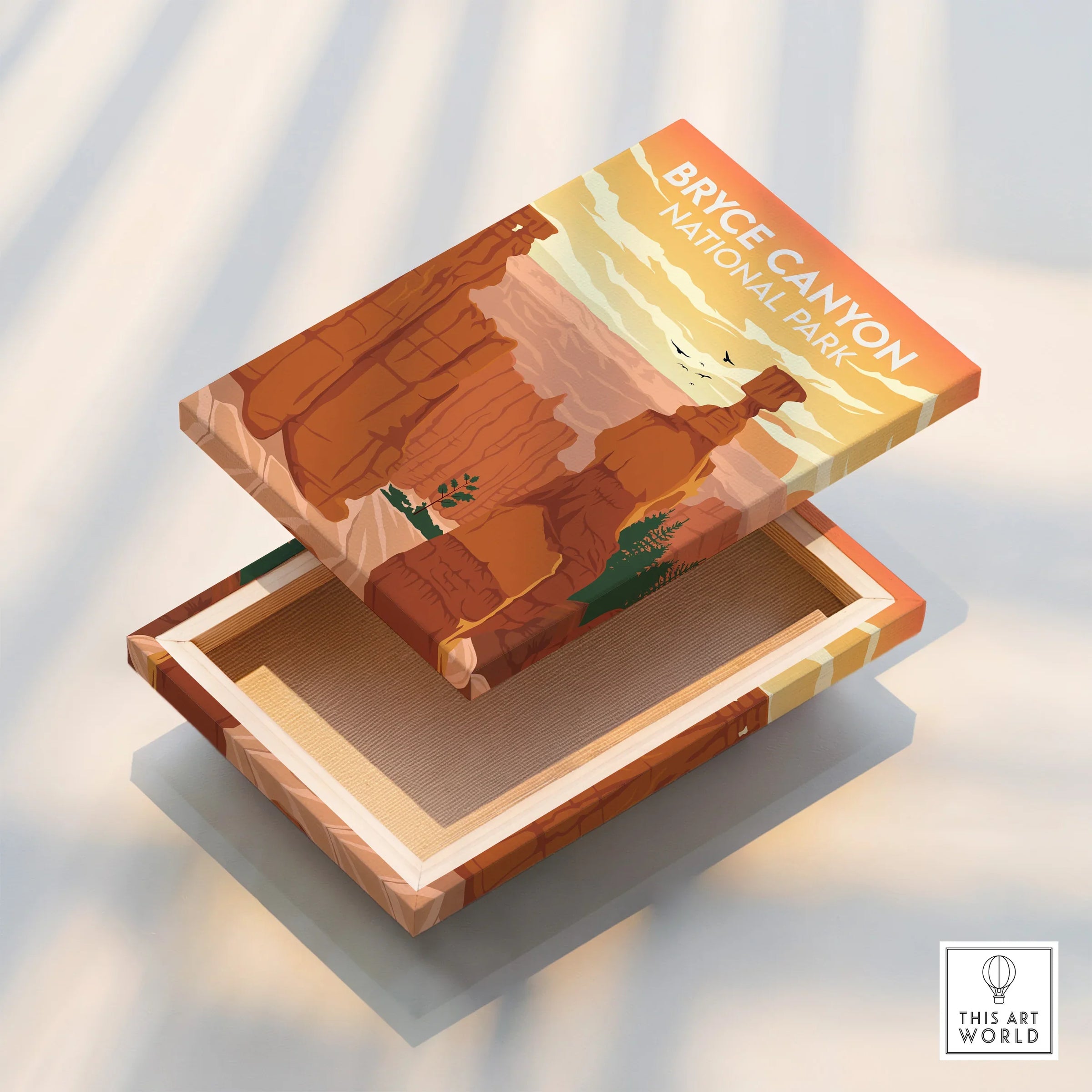 Bryce Canyon National Park art print on a floating canvas, vibrant red rock landscape design.