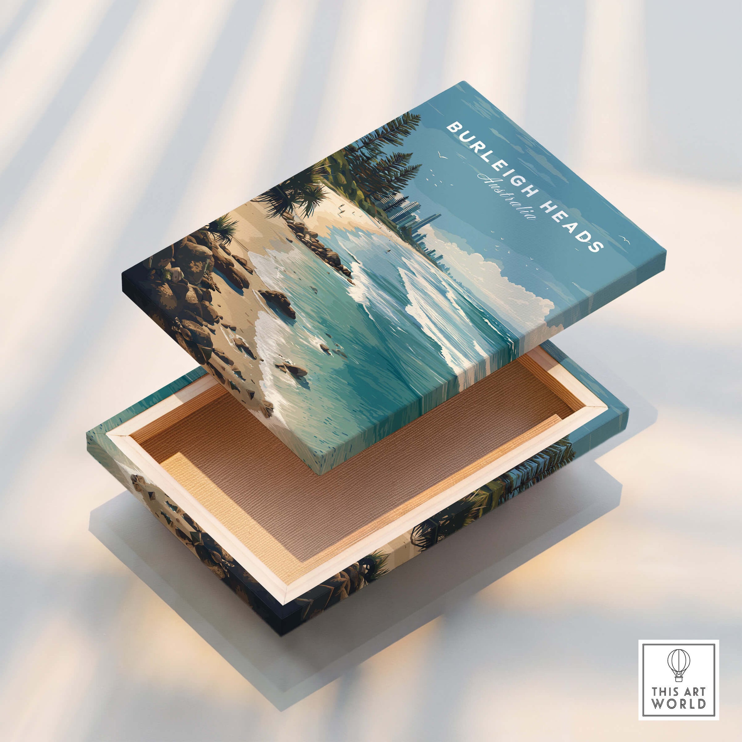 Burleigh Heads Australia Poster – Gold Coast Skyline & Iconic Surf Beach Wall Art on decorative box.