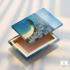 Busan South Korea skyline canvas print with floating frame, cityscape and beach art