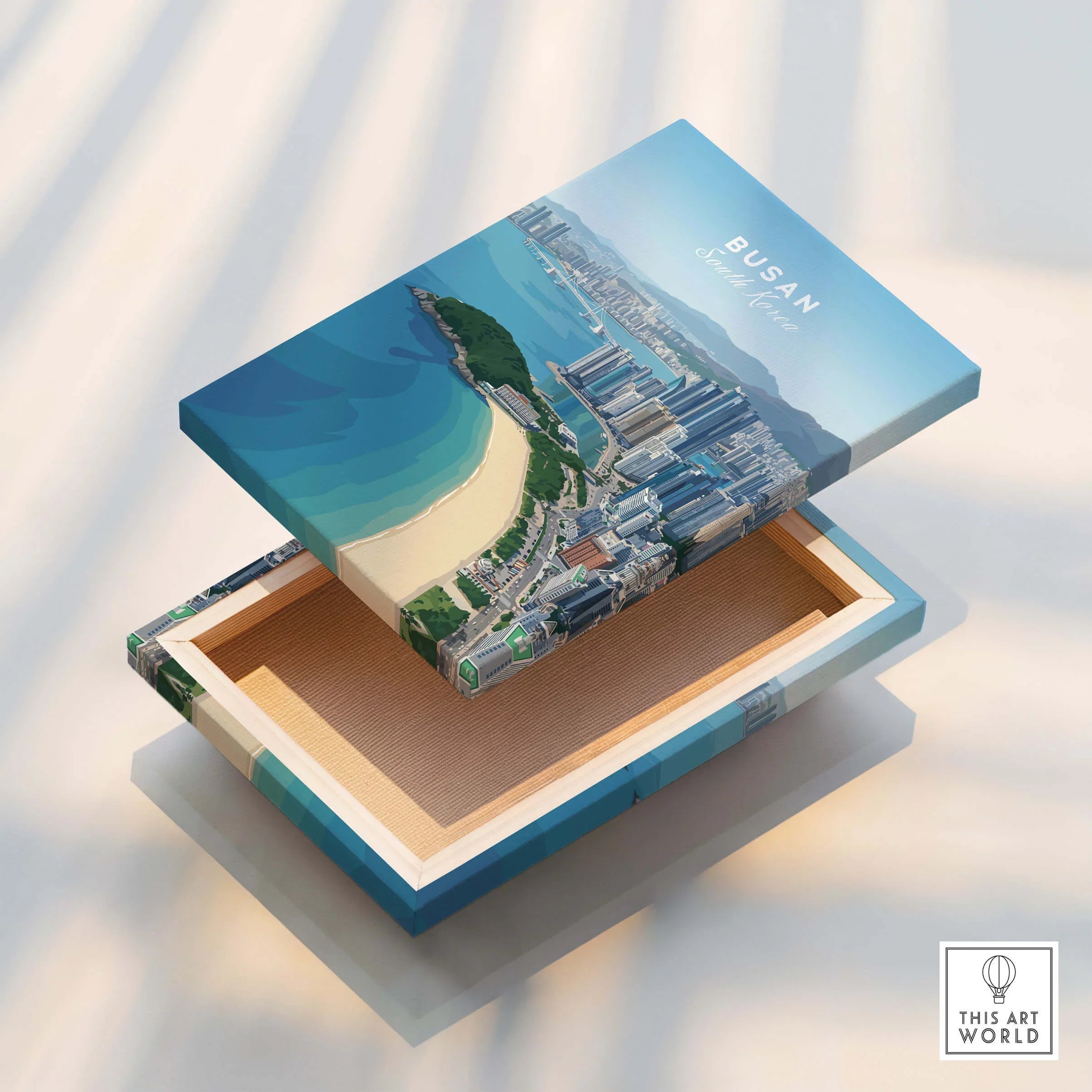 Busan South Korea skyline canvas print with floating frame, cityscape and beach art