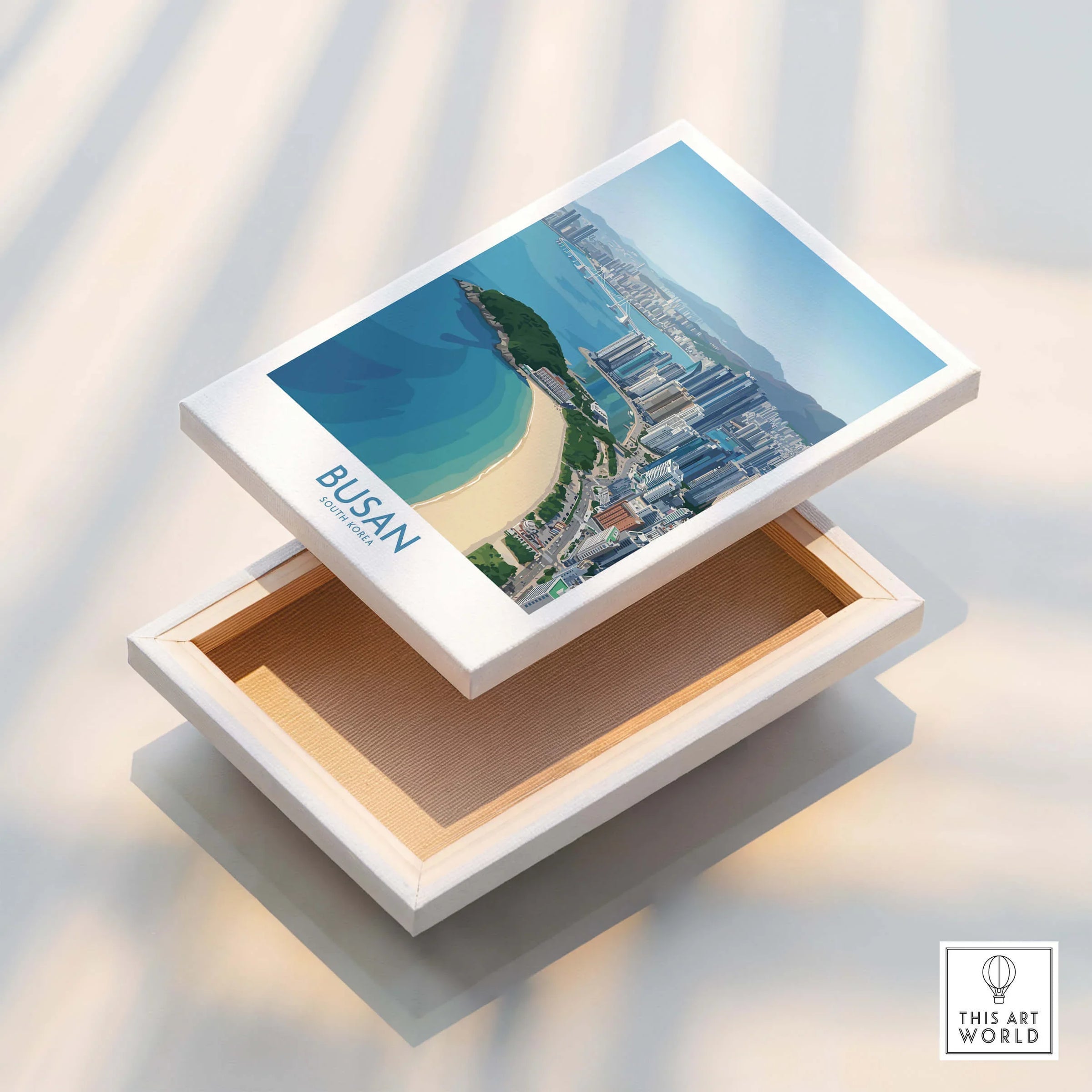 Busan South Korea skyline wall art on stretched canvas, beach and cityscape print