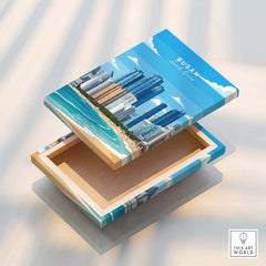 Stretched canvas print with Busan city skyline and beach wall art, floating edge detail.