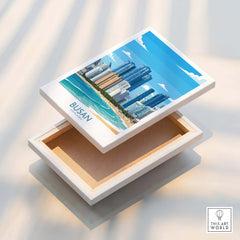 Busan skyline floating canvas print with beach and modern cityscape wall art