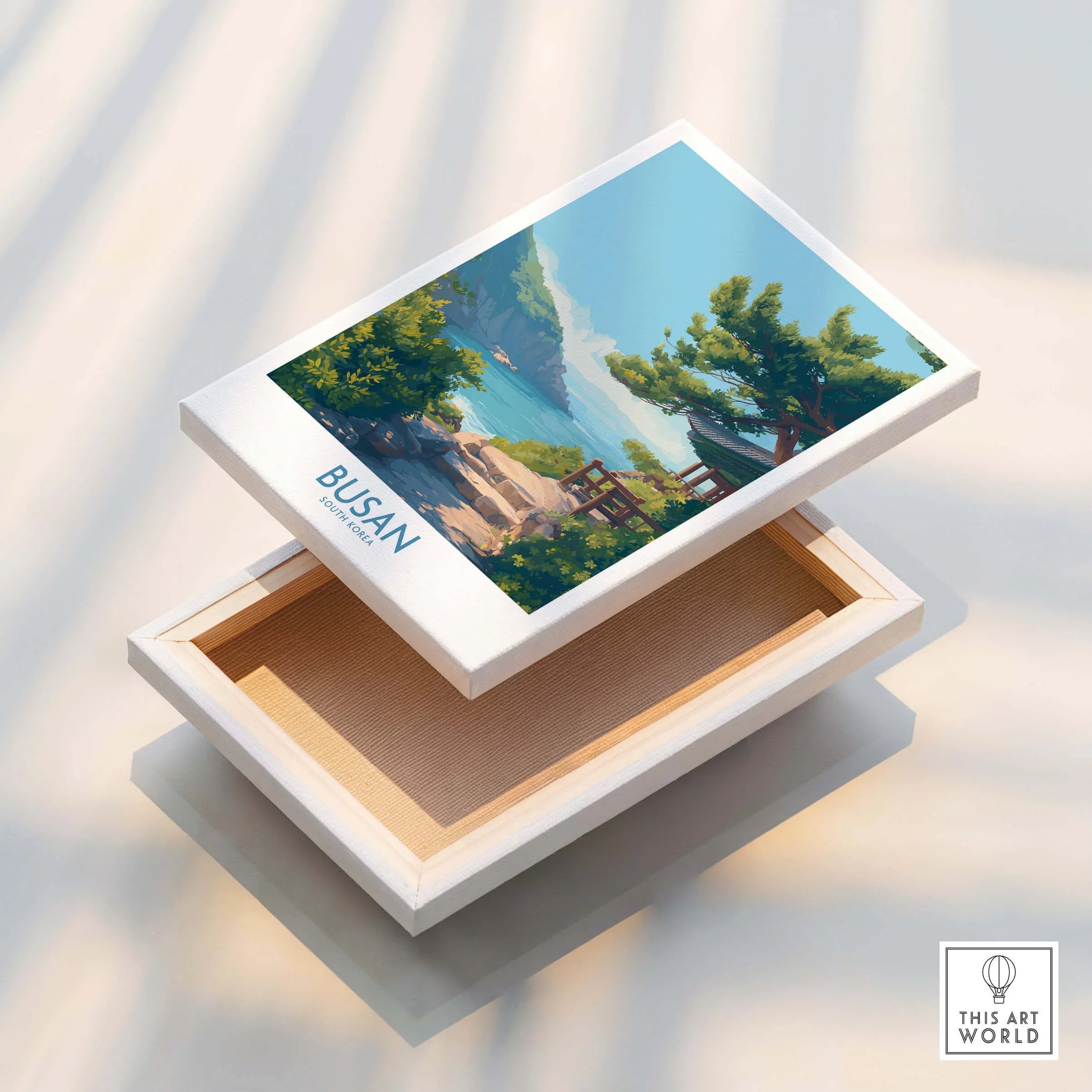 Busan South Korea landscape art print on stretched canvas with floating frame detail