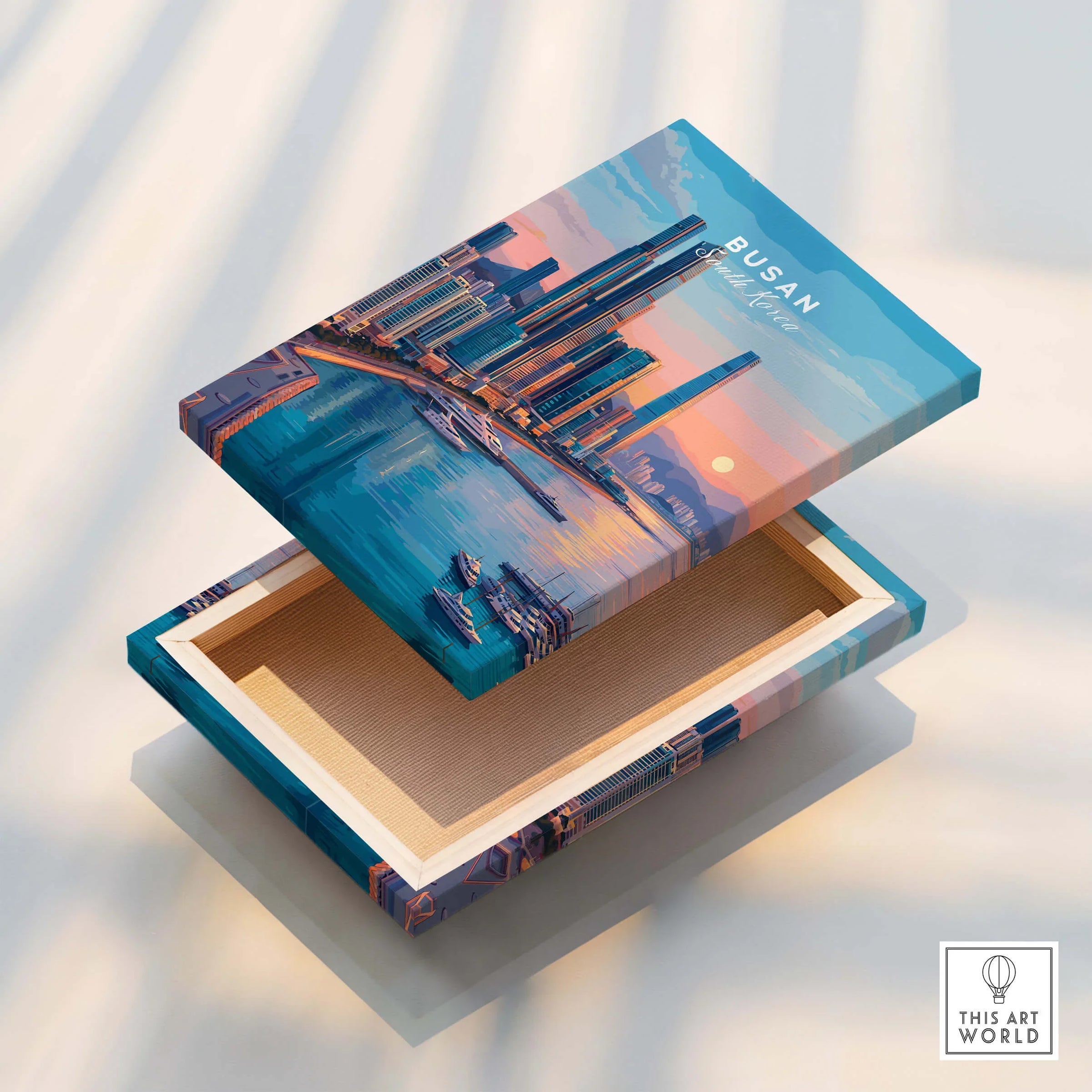 Busan city skyline wall art print on decorative storage box with sunset harbor view.