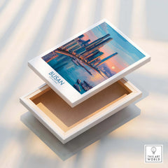 Busan city skyline canvas print with harbor and sunset in floating frame detail