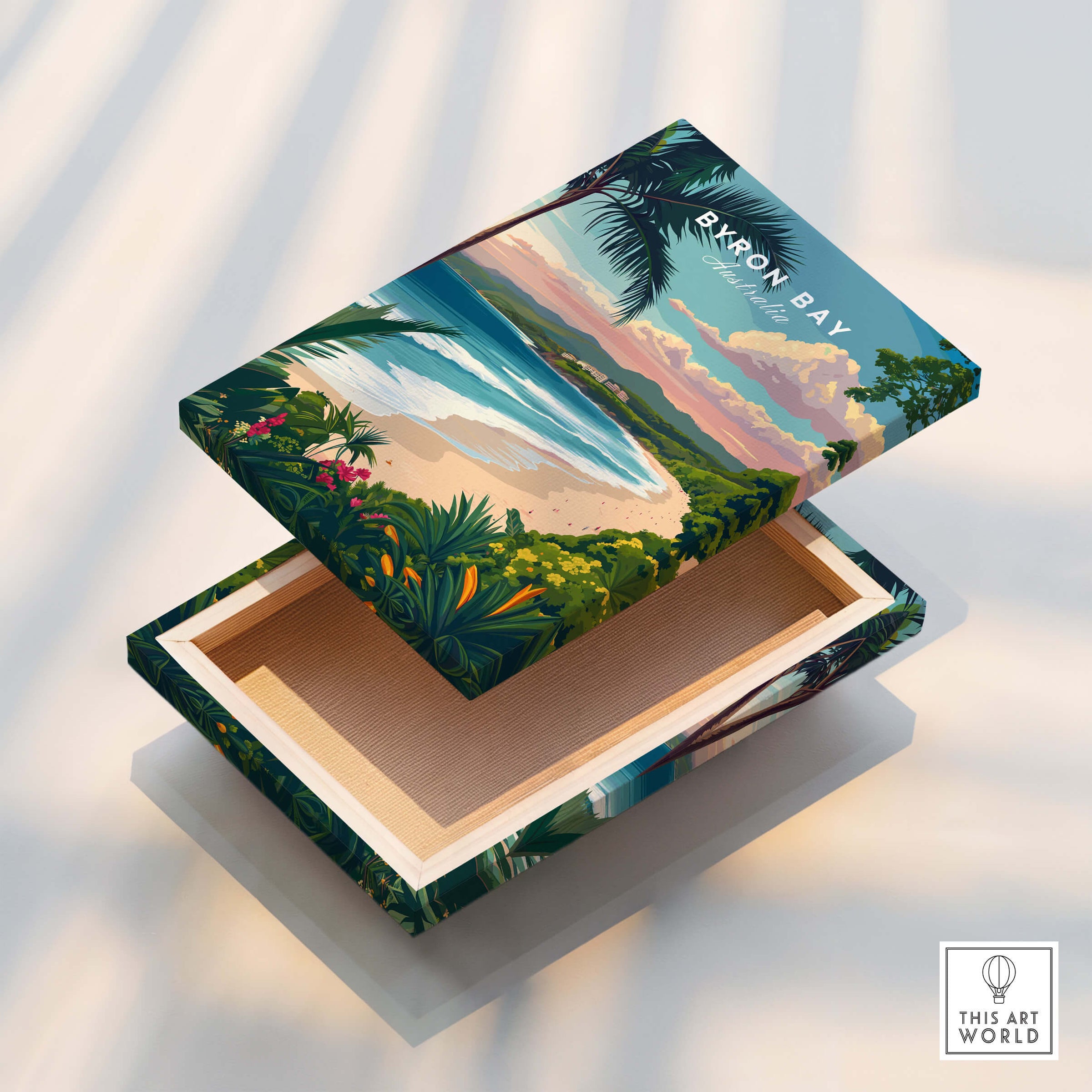 Byron Bay Australia Travel Poster decorative box with beach and palm tree design, showcasing the beauty of Byron Bay.
