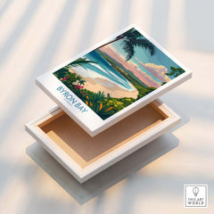 Byron Bay Poster - Australia Wall Art displayed on a wooden box showcasing the scenic beauty of Byron Bay.