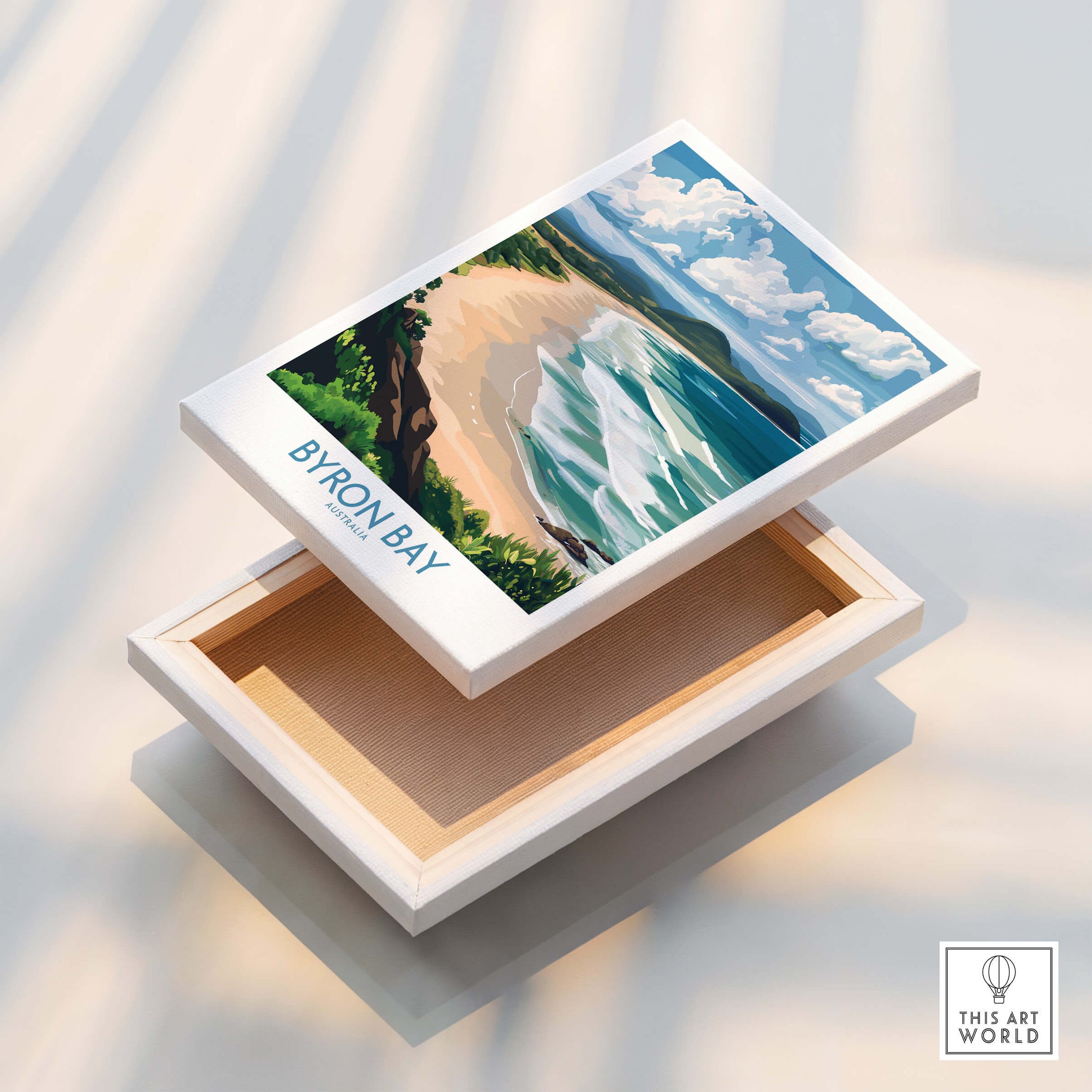 Byron Bay Wall Art Print Australia showcasing a vibrant beach scene with waves and clouds, perfect for coastal decor.