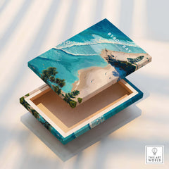 Byron Bay Art Print design on a decorative box showcasing aerial view of beaches and turquoise waters.