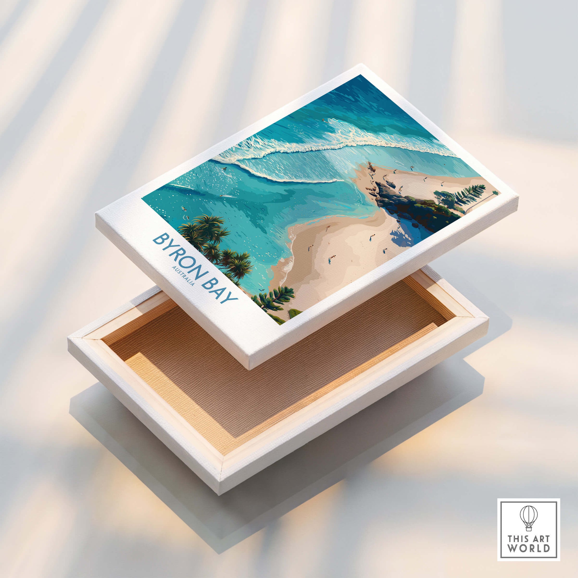Byron Bay Beach Australia Canvas Art Print displayed in a wooden box, showcasing stunning ocean and beach view.