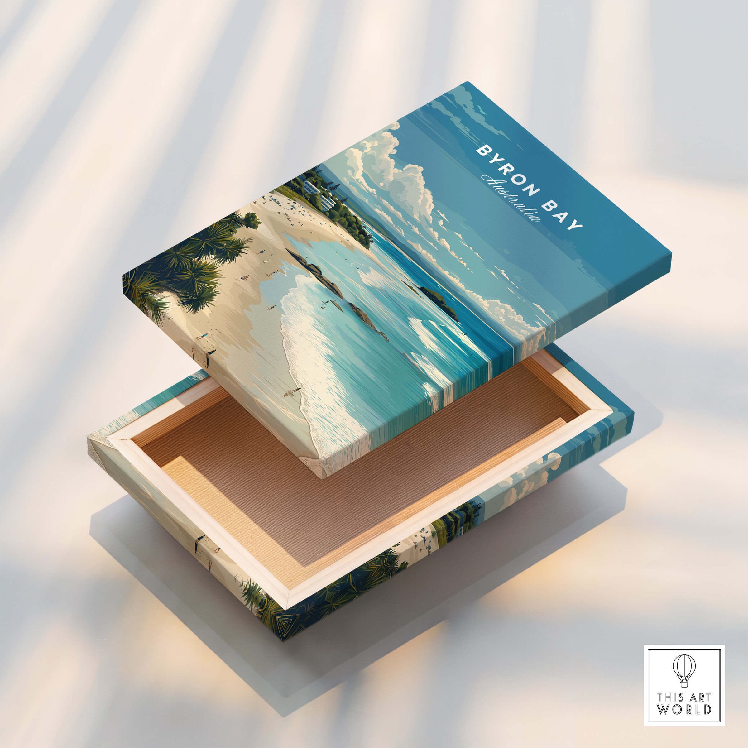 Byron Bay Poster - Canvas Beach Print displayed on a wooden box, showcasing a scenic beach design.