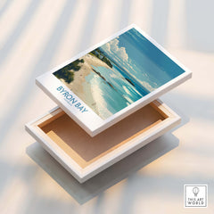 Byron Bay Wall Art Australia Travel Print displayed on a decorative box showcasing the iconic coastal scenery.