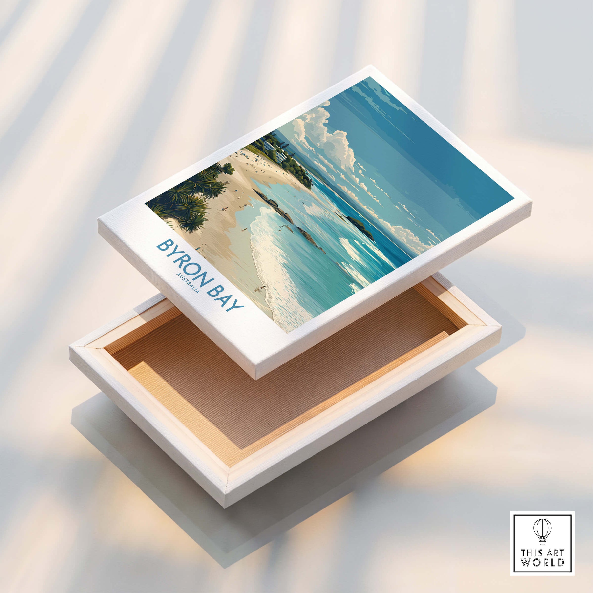 Byron Bay Wall Art Australia Travel Print displayed on a decorative box showcasing the iconic coastal scenery.
