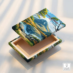 Colorful canvas print box featuring a scenic mountain landscape with trees and lake.
