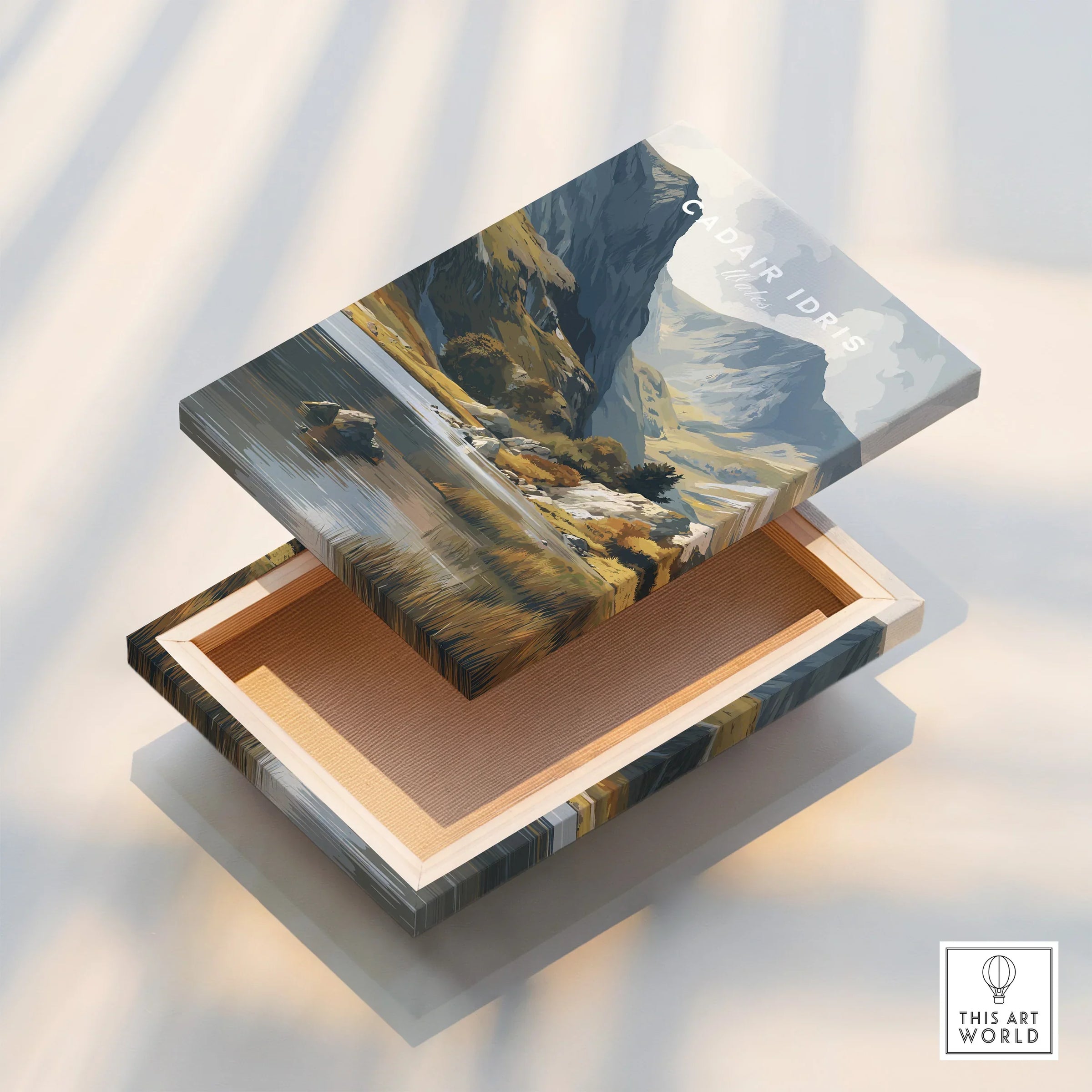Canvas print box with illustrated mountain landscape and lake, labeled 'Cadair Idris'.