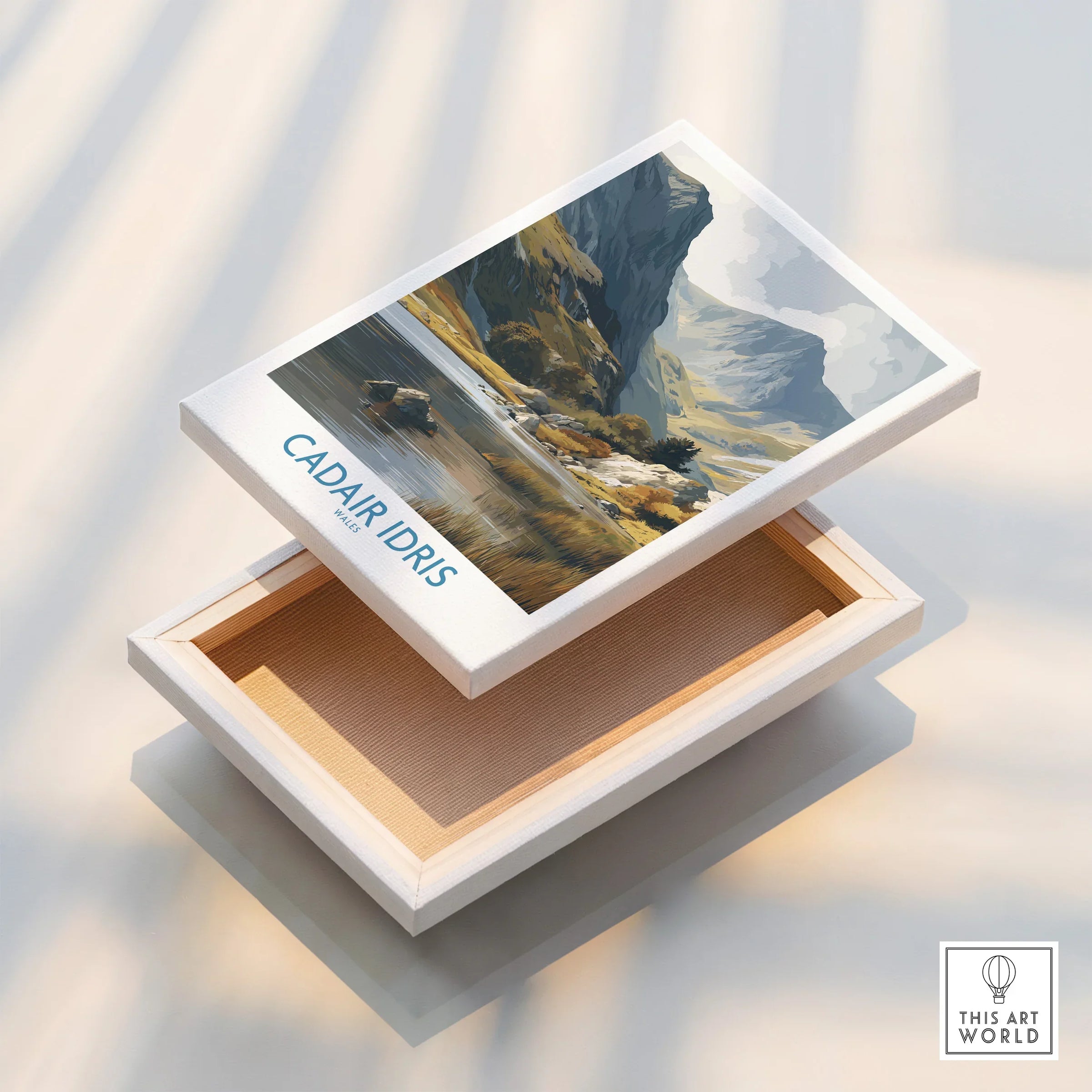 Stretched canvas print of Cadair Idris mountain landscape with lake in floating frame.