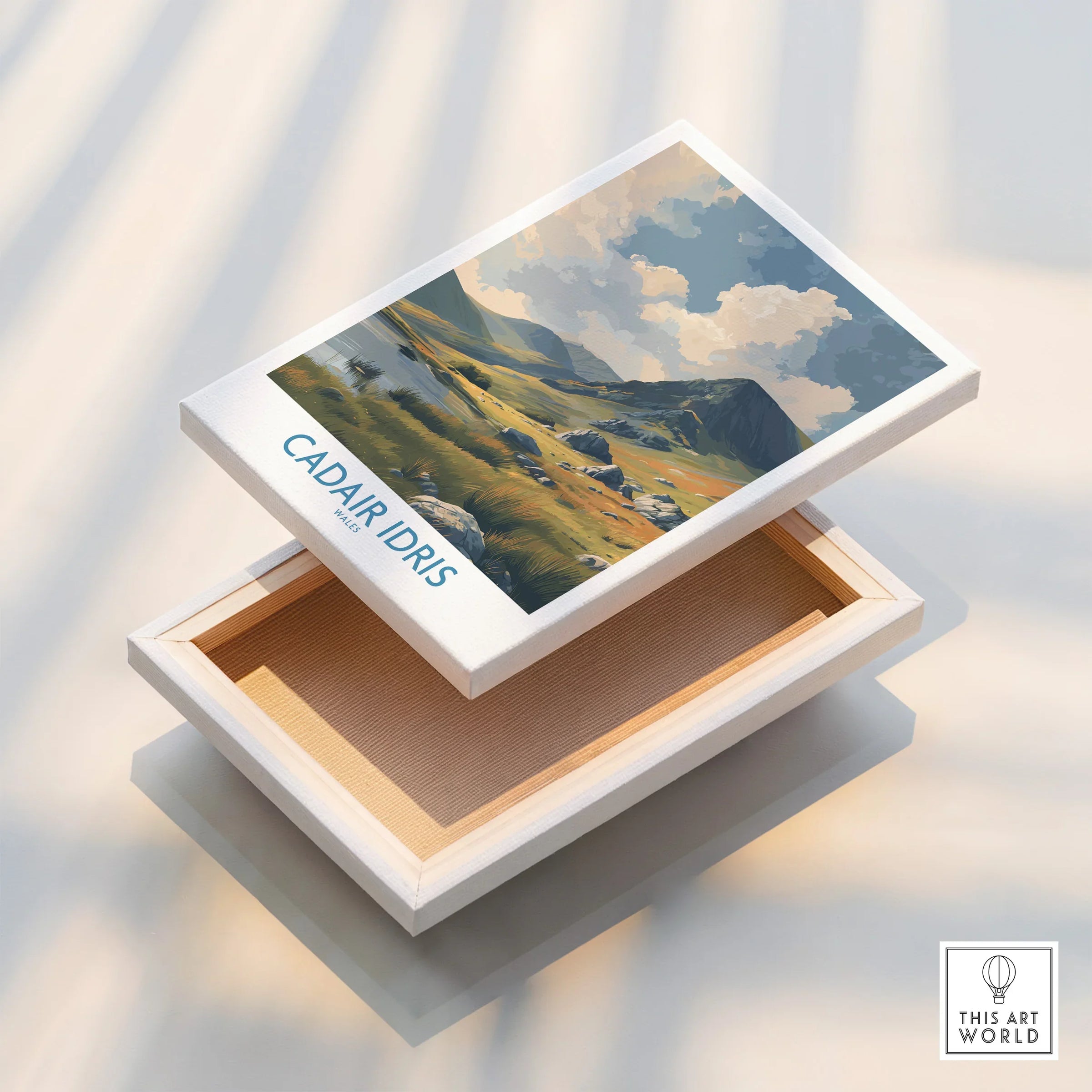 Framed canvas print of Cadair Idris landscape wall art with mountains and clouds.