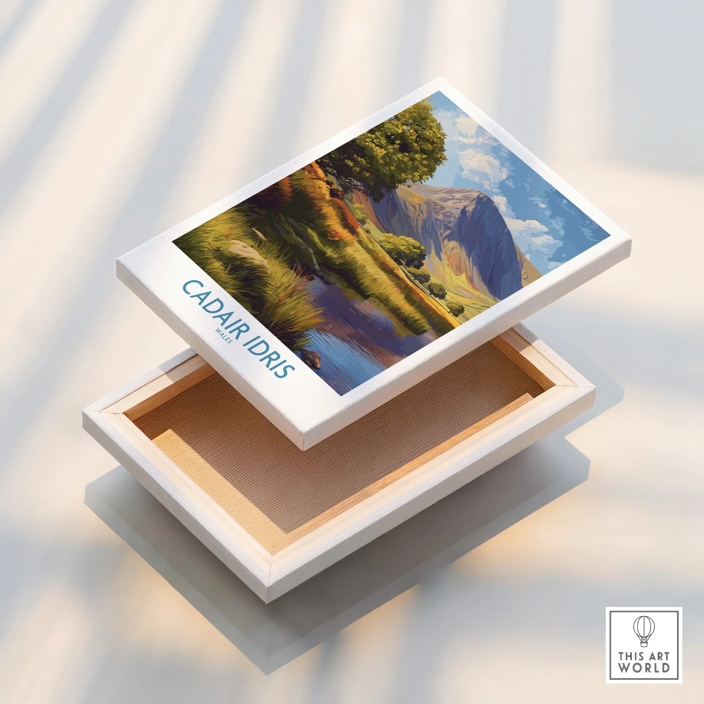 Cadair Idris stretched canvas print featuring mountain landscape and river, floating frame detail