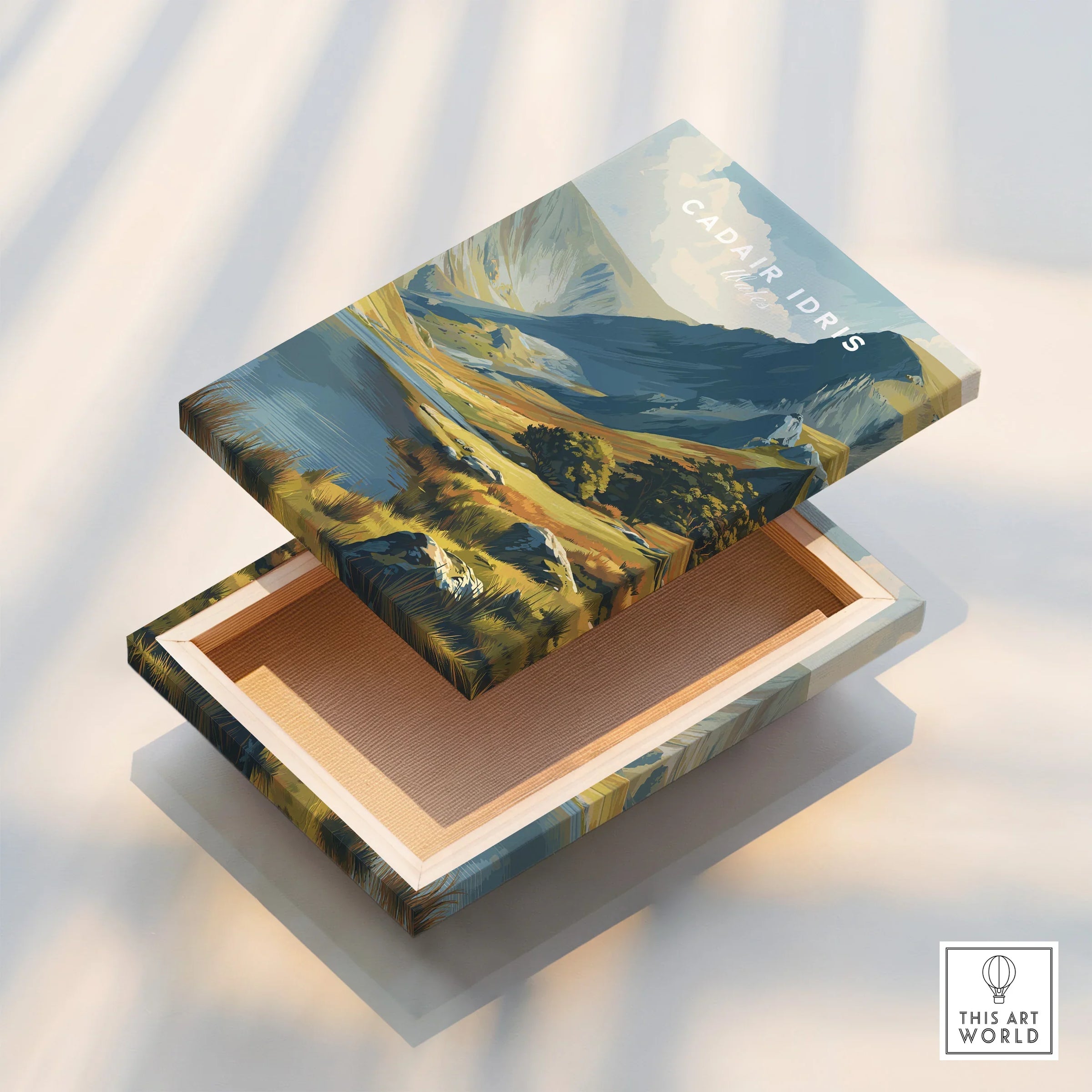 Canvas print with Cadair Idris mountain landscape floating frame detail, wall art decor