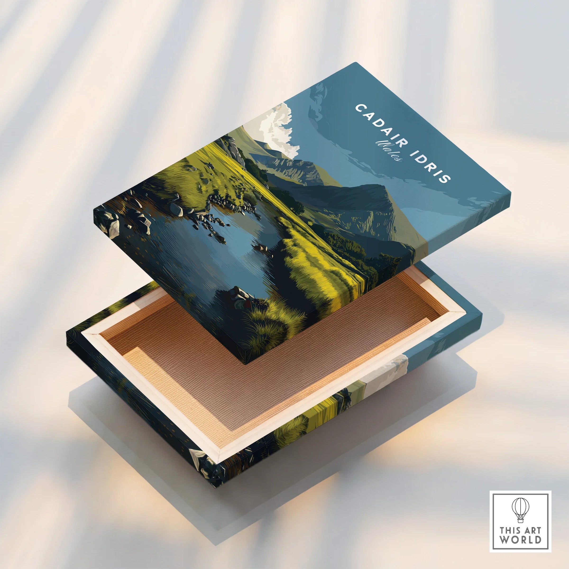 Stretched canvas print of Cadair Idris landscape with mountains, lake, and greenery detail.