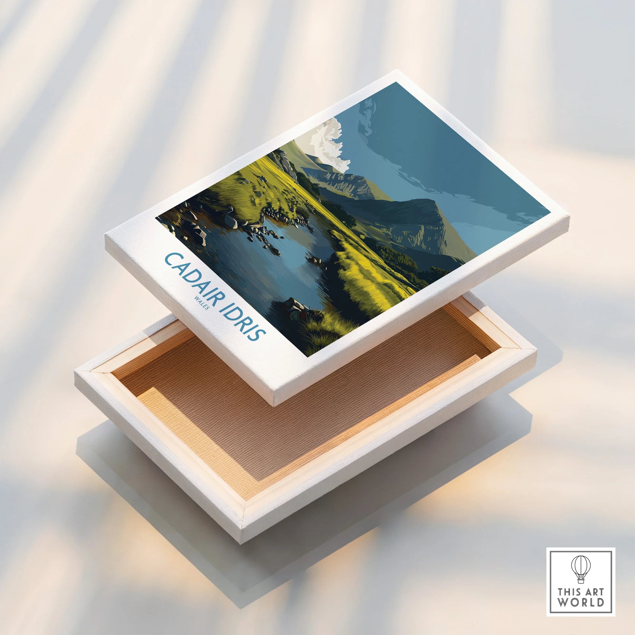 Cadair Idris wall art print on stretched canvas with landscape mountain and lake illustration