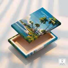 Captiva Island Travel Poster – Florida Beach Houses and Palm Trees Art on a decorative box with a tropical design.