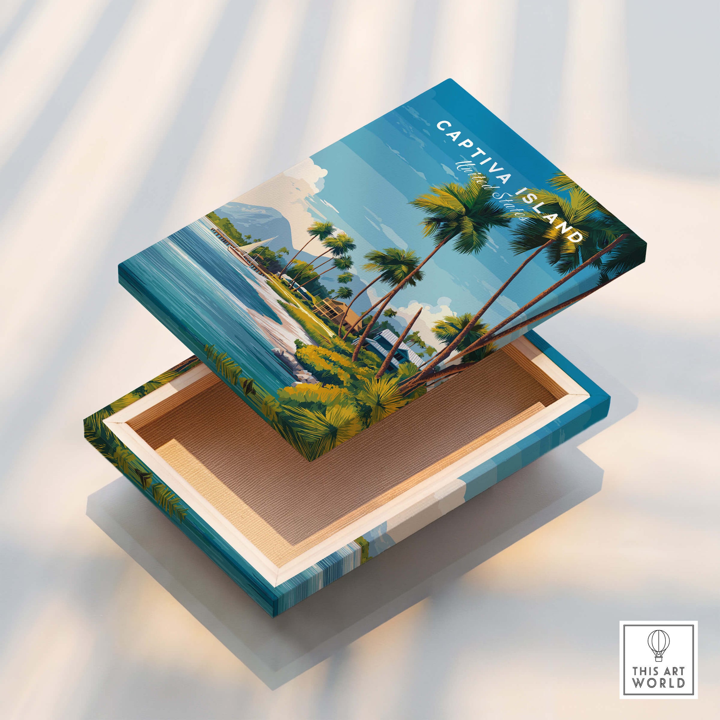 Captiva Island Travel Poster – Florida Beach Houses and Palm Trees Art on a decorative box with a tropical design.