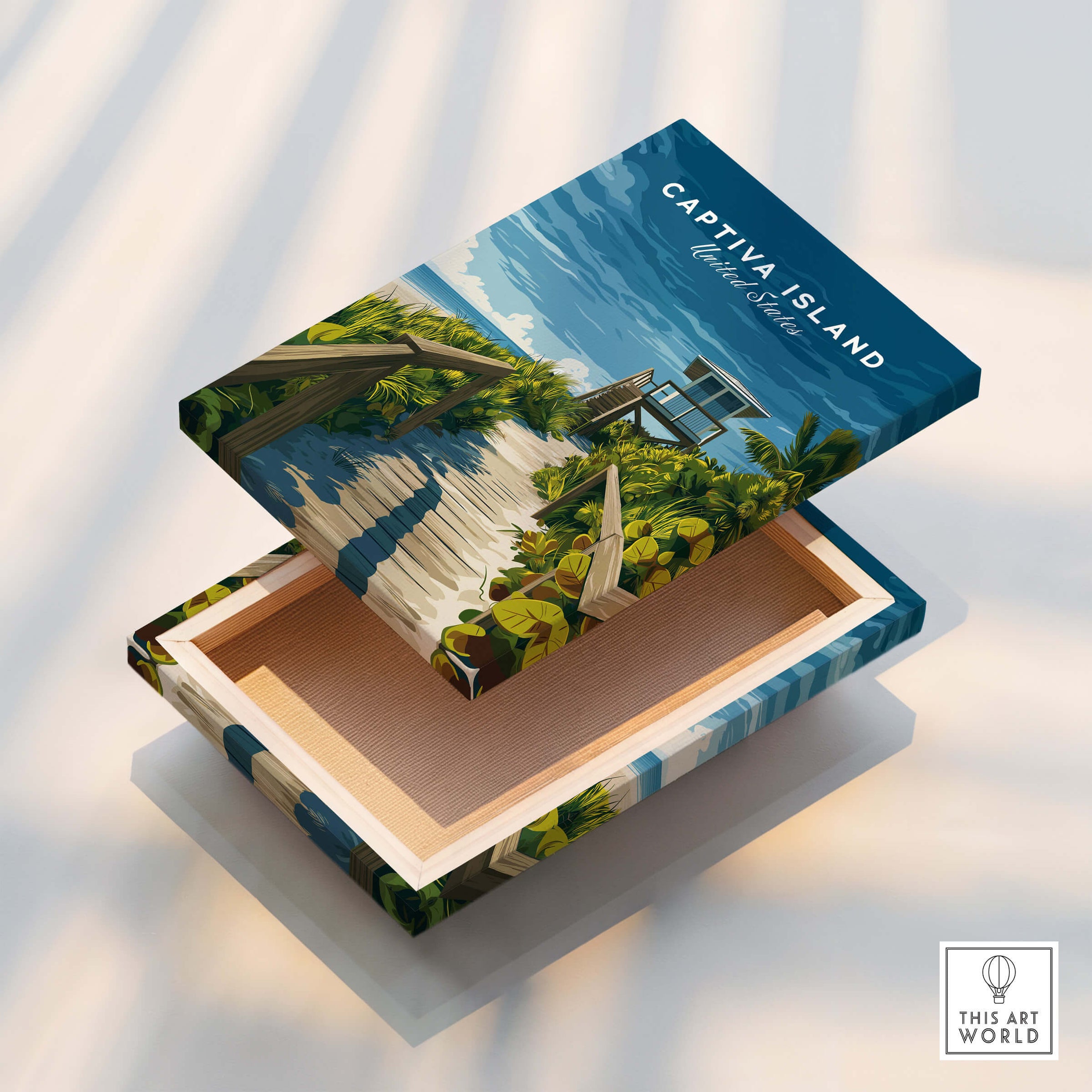 Captiva Island Poster – Florida Beach Print showcasing a beach-inspired wooden box with vibrant tropical designs.