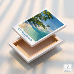 Captiva Island Florida Print – Sunny Shoreline and Tropical Palm Decor displayed on a wooden box.