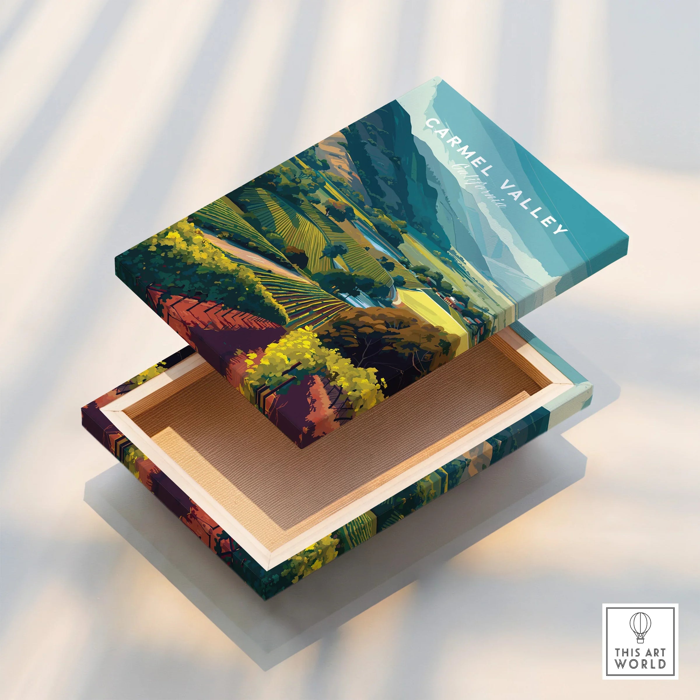 Carmel Valley art print on floating canvas box with vibrant vineyard landscape illustration.