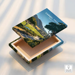 Carmel Valley landscape art on a floating canvas print box with trees and mountains.