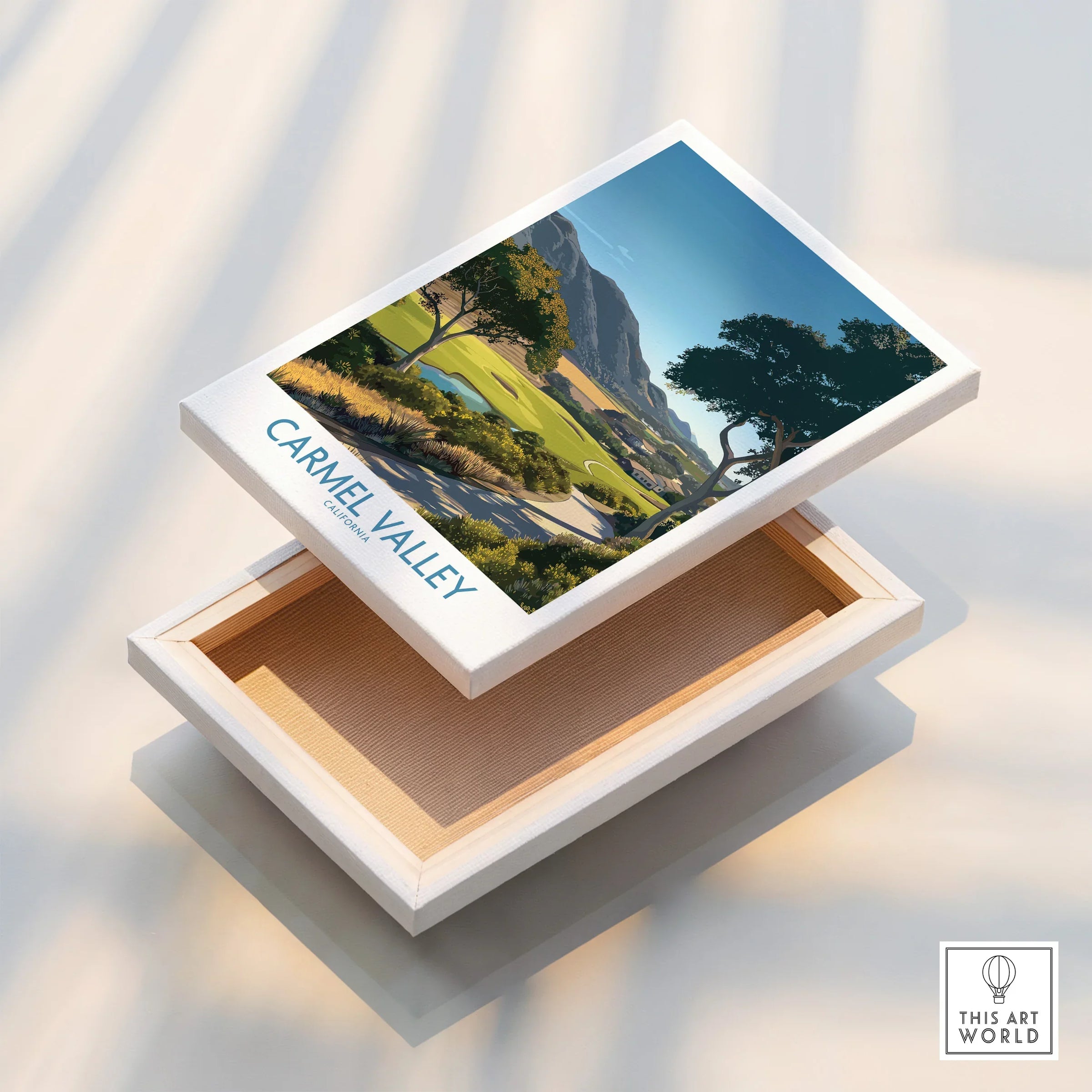 Carmel Valley California travel poster print on floating stretched canvas, landscape wall art