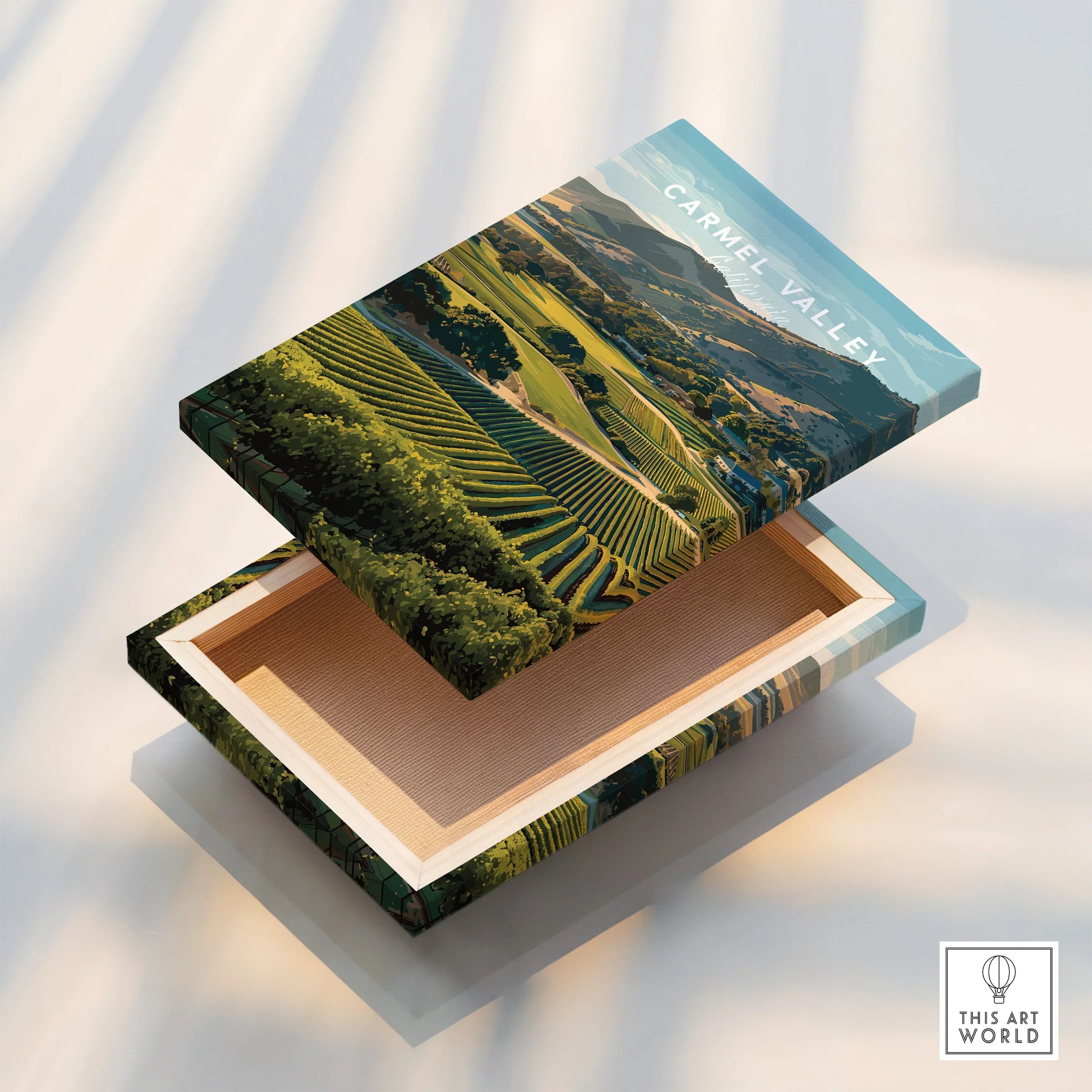 Carmel Valley landscape art print on a floating canvas, open to show detailed edges.